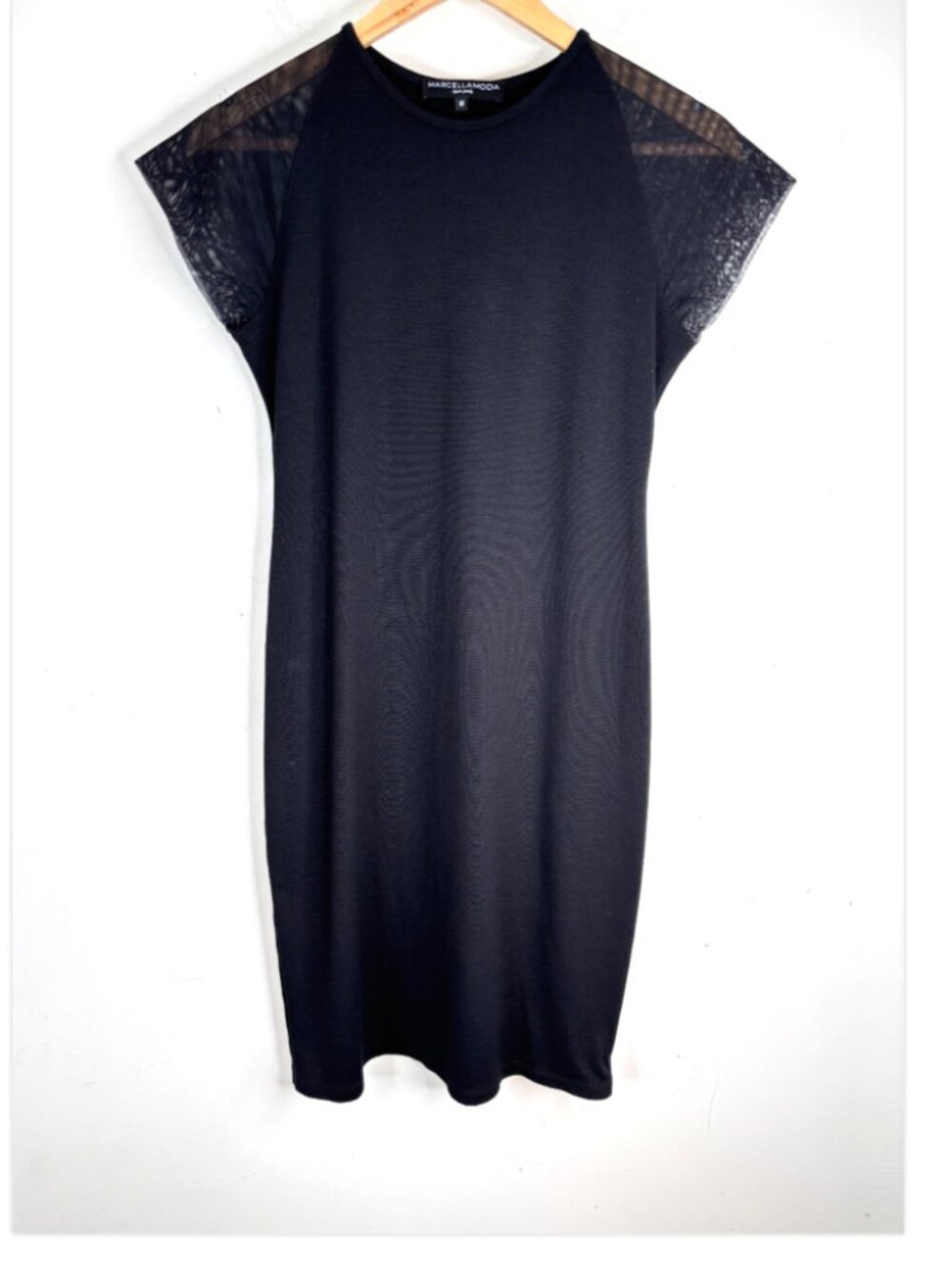 Marcella NYC Mesh Sleeve Shift Dress M Black Minimalist Sheer Cap Sleeve Goth